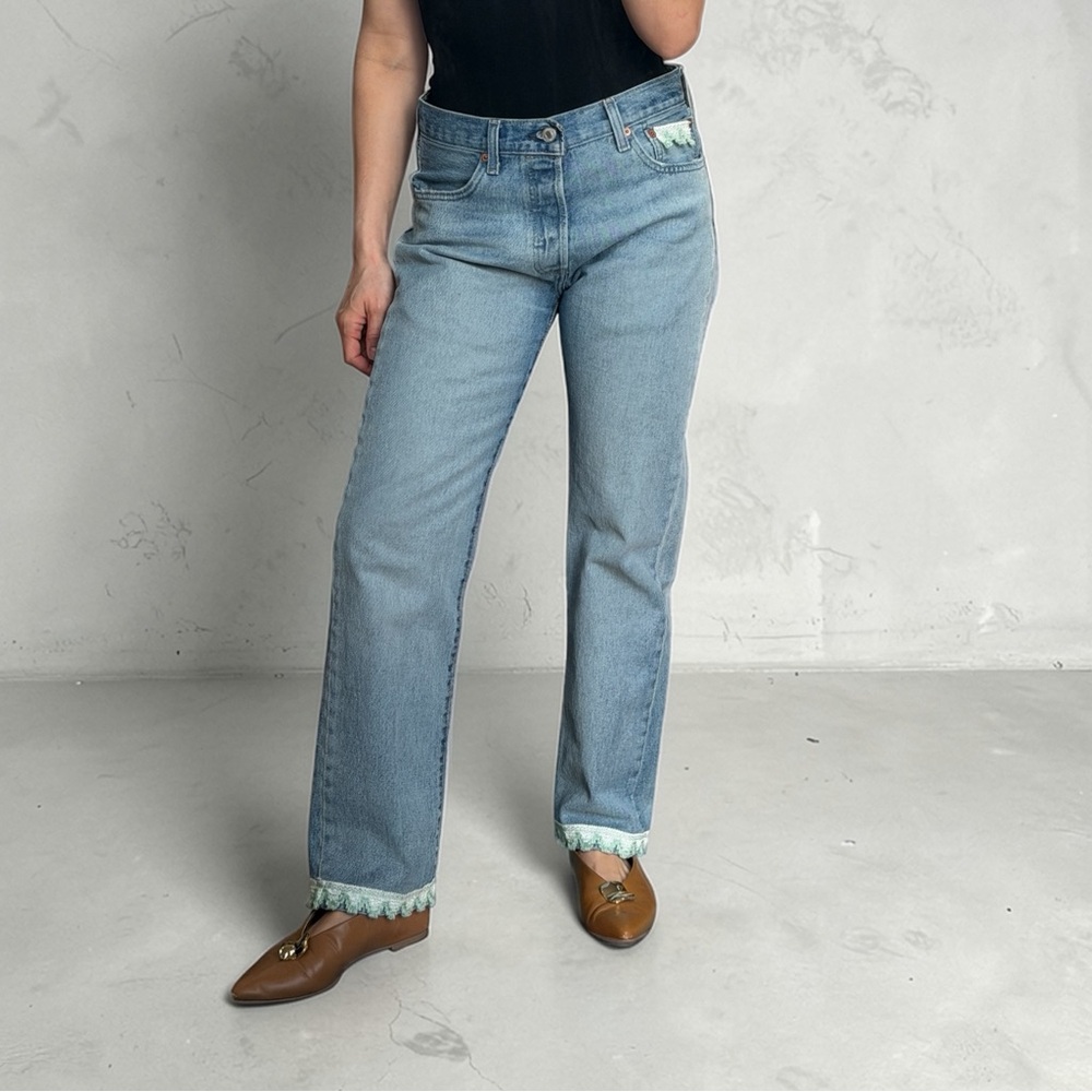 Levi’s Reworked Denim Light Wash Embroidered Trim Details